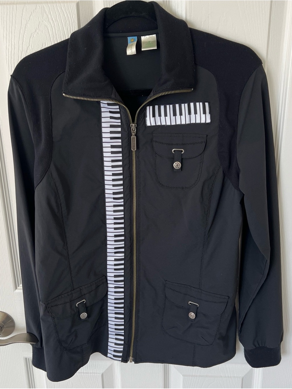Upcycled Sahalie Jacket Women’s Size M Black Zip-Up Jacket w Piano Keys Accent